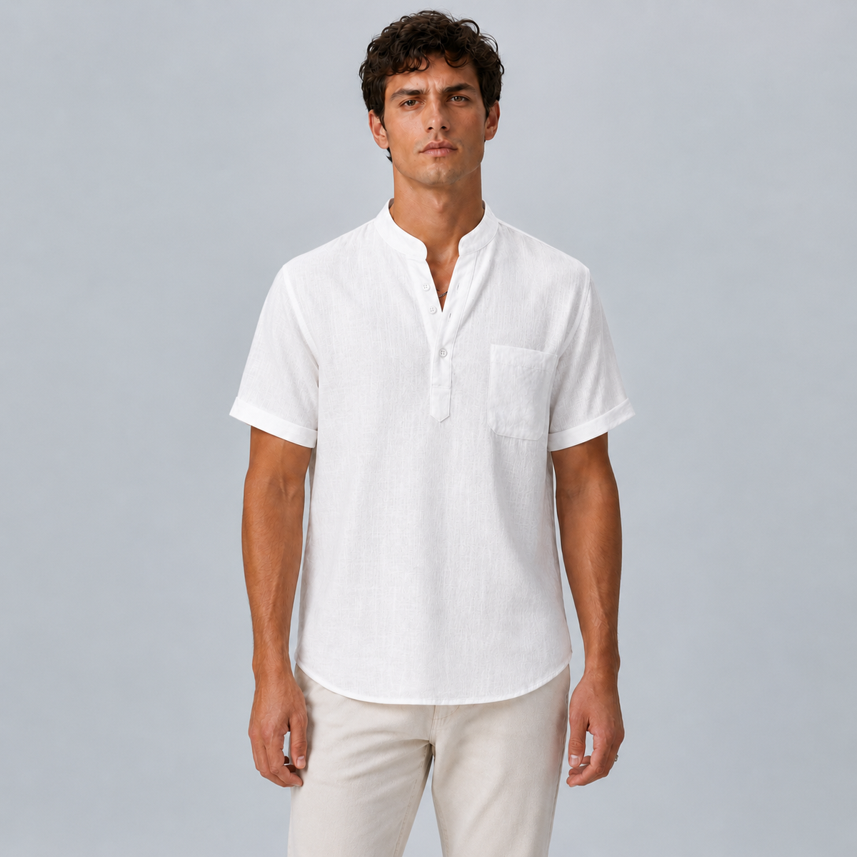 Men's Linen Stand Collar Shirt