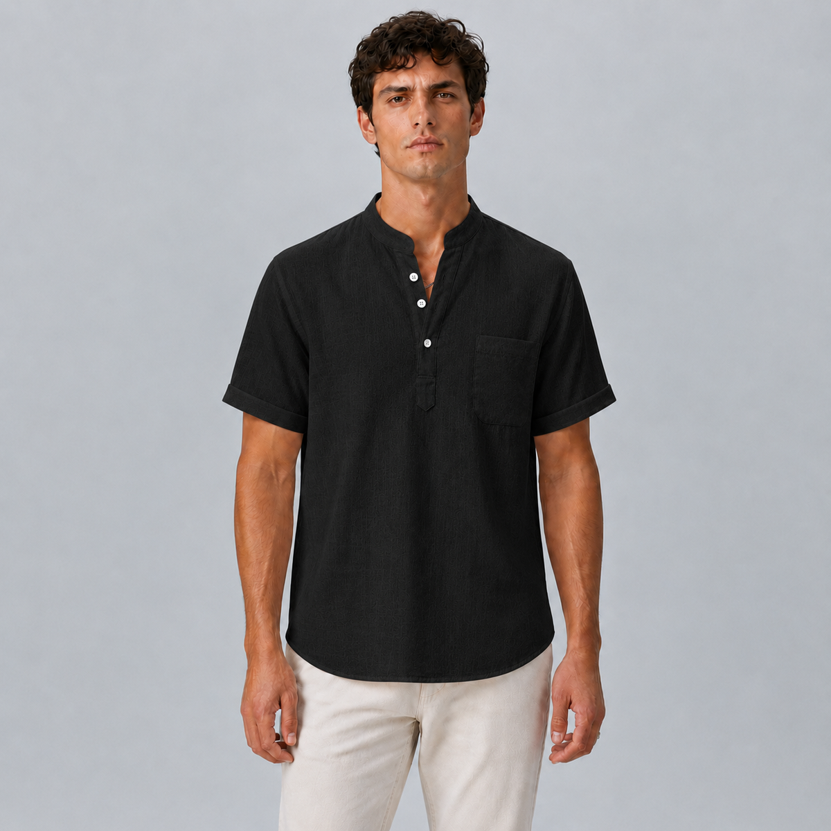 Men's Linen Stand Collar Shirt