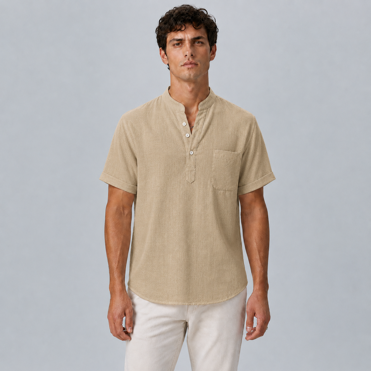 Men's Linen Stand Collar Shirt