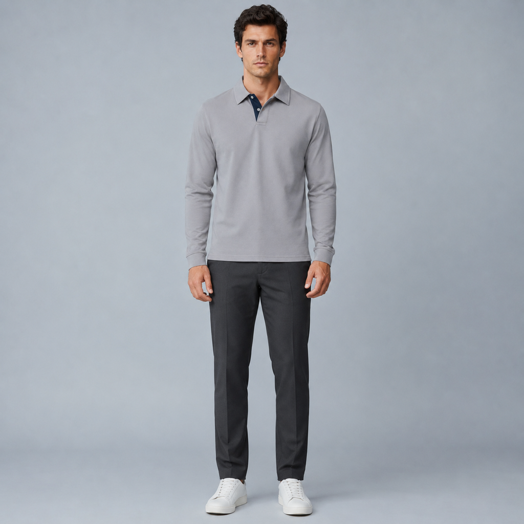 Men's 95% Cotton Long Sleeve Polo T-Shirt