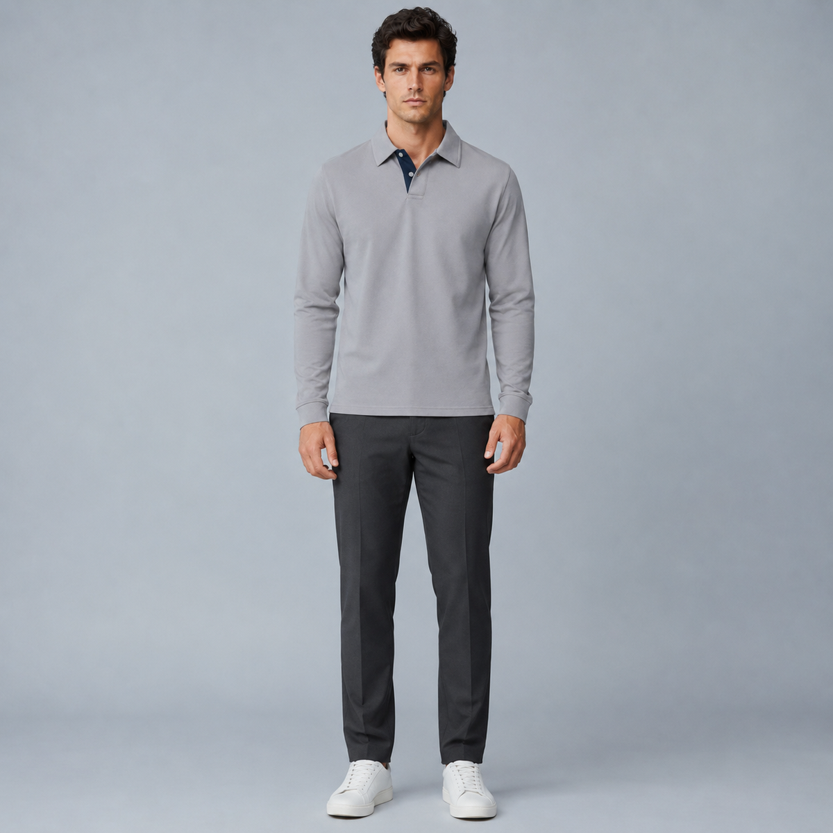 Men's 95% Cotton Long Sleeve Polo T-Shirt