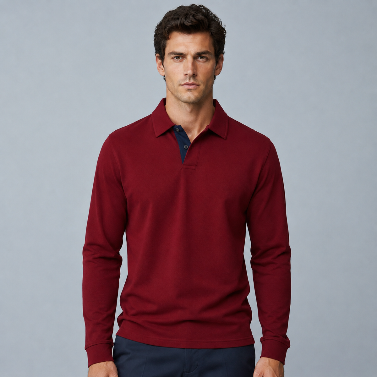 Men's 95% Cotton Long Sleeve Polo T-Shirt