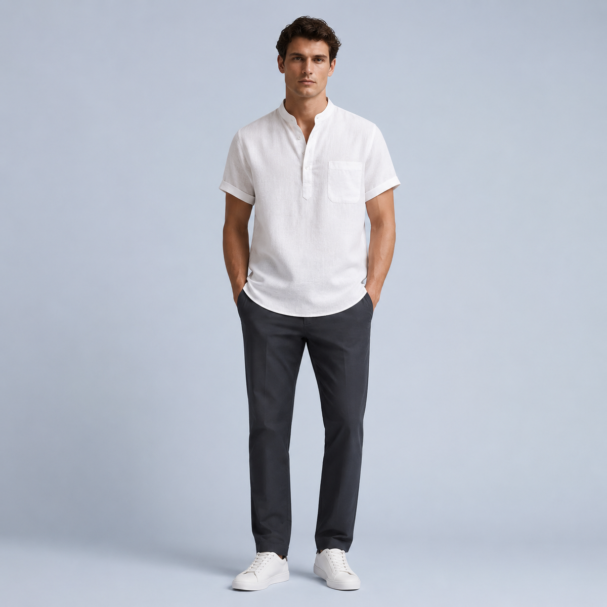 Men's Linen Stand Collar Shirt