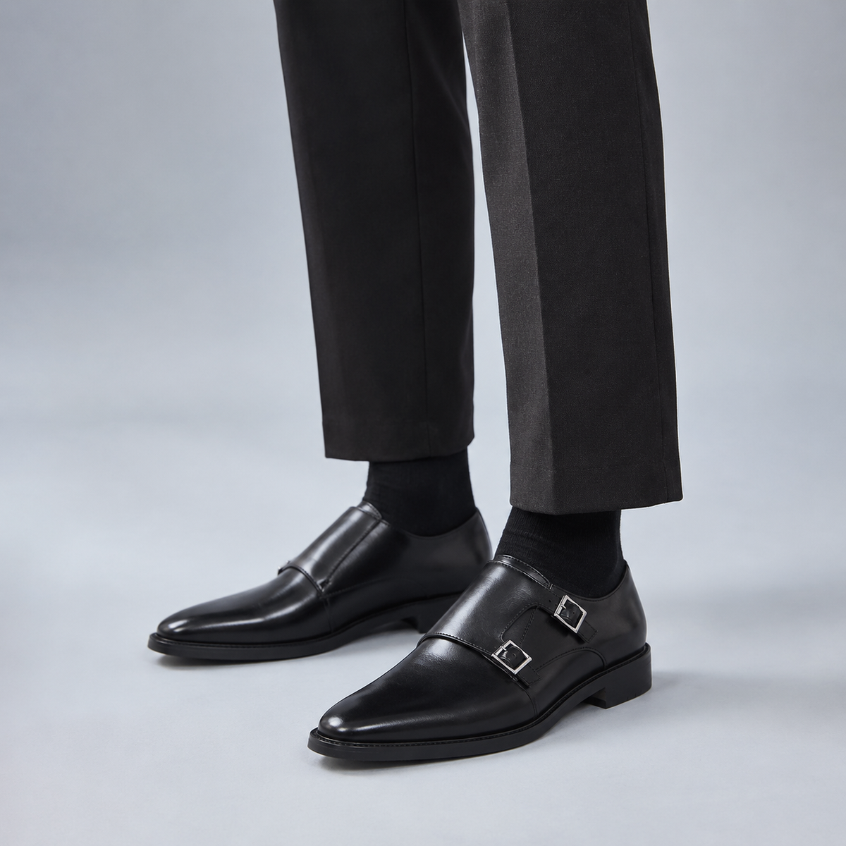Men's Leather Pointed Toe Monk Strap Shoes