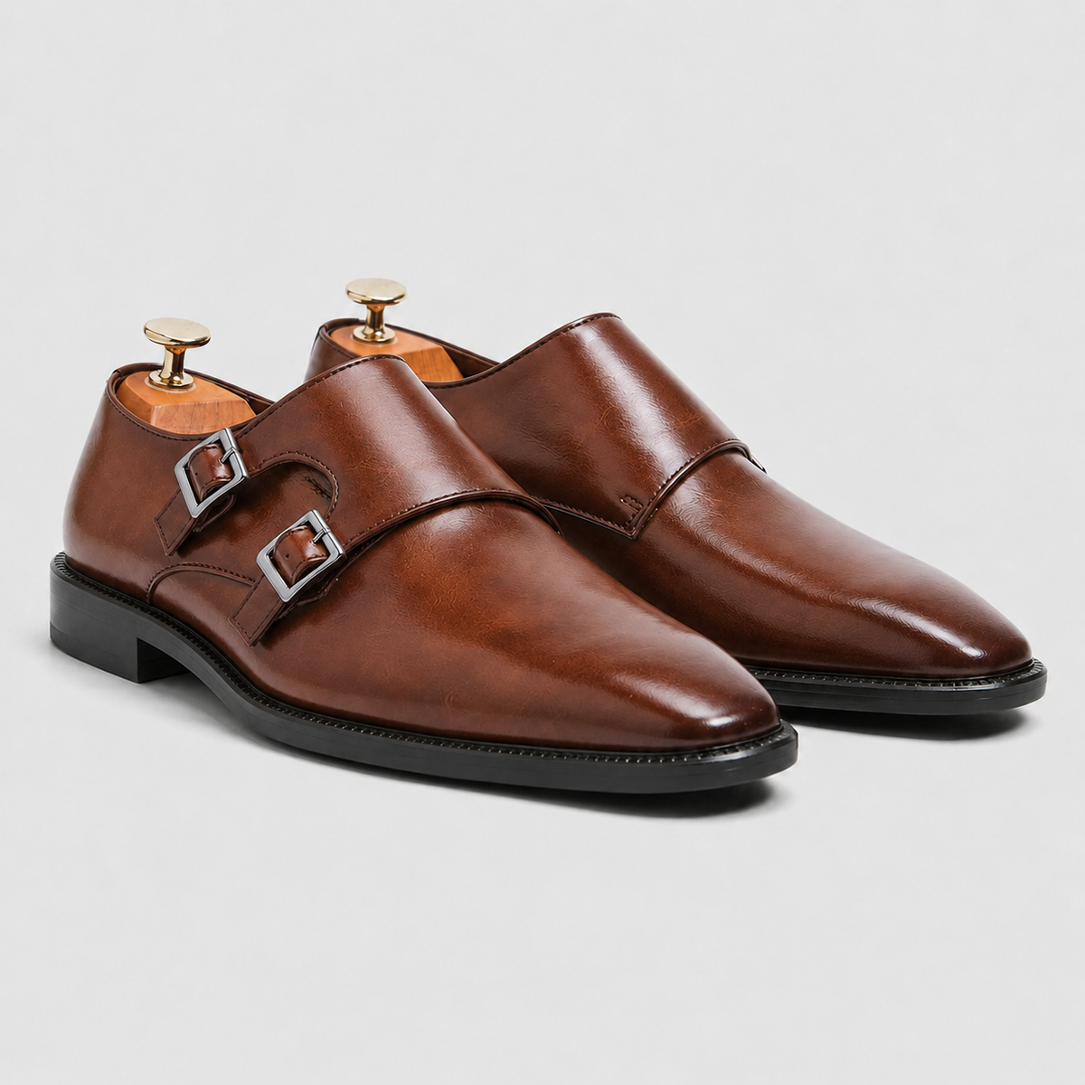 Men's Leather Pointed Toe Monk Strap Shoes