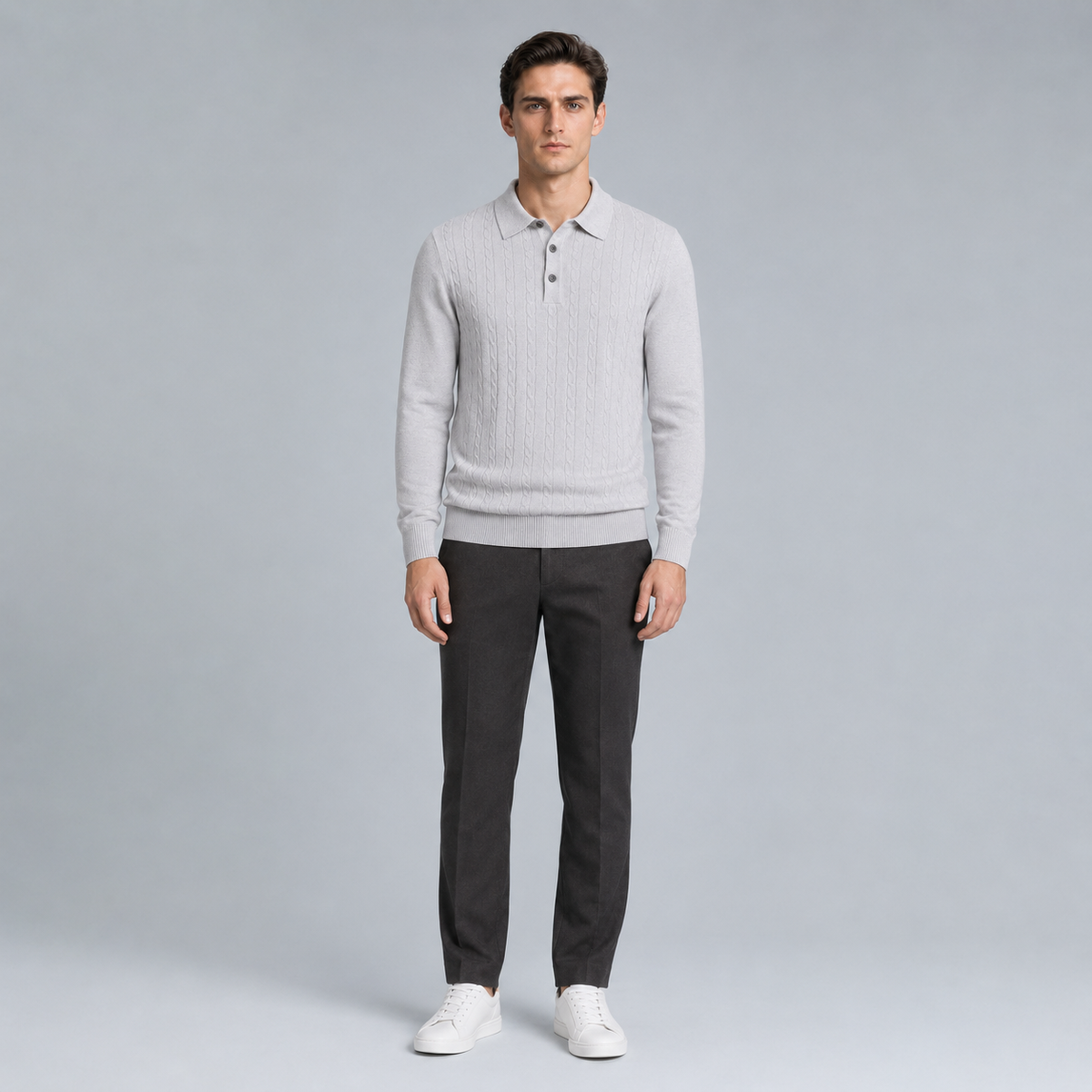 Men's Slim V-Neck Cable Knit Button Jumper