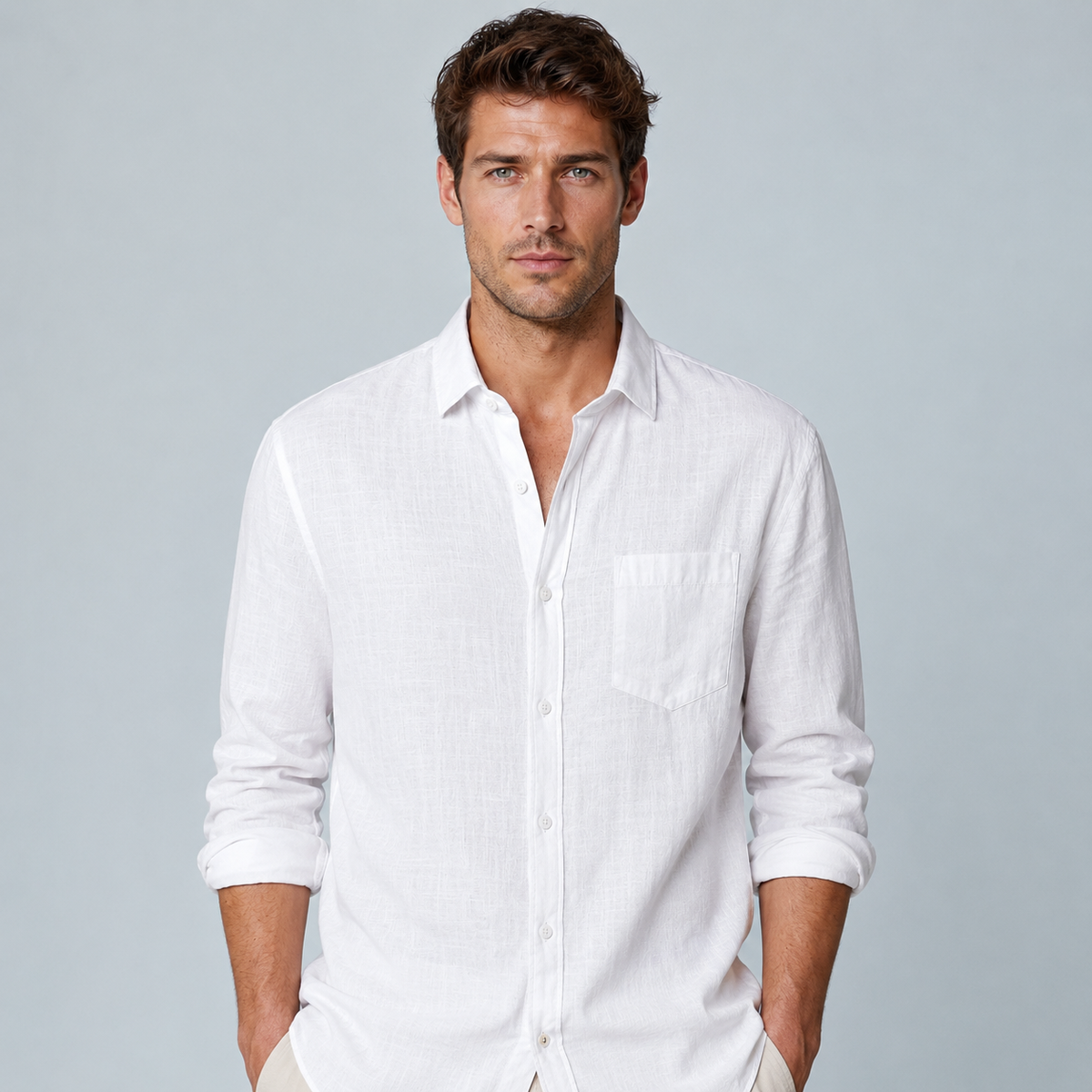 Men's Cotton Linen Lapel Long Sleeve Shirt