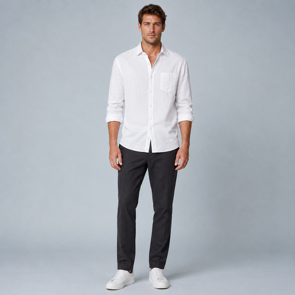Men's Cotton Linen Lapel Long Sleeve Shirt