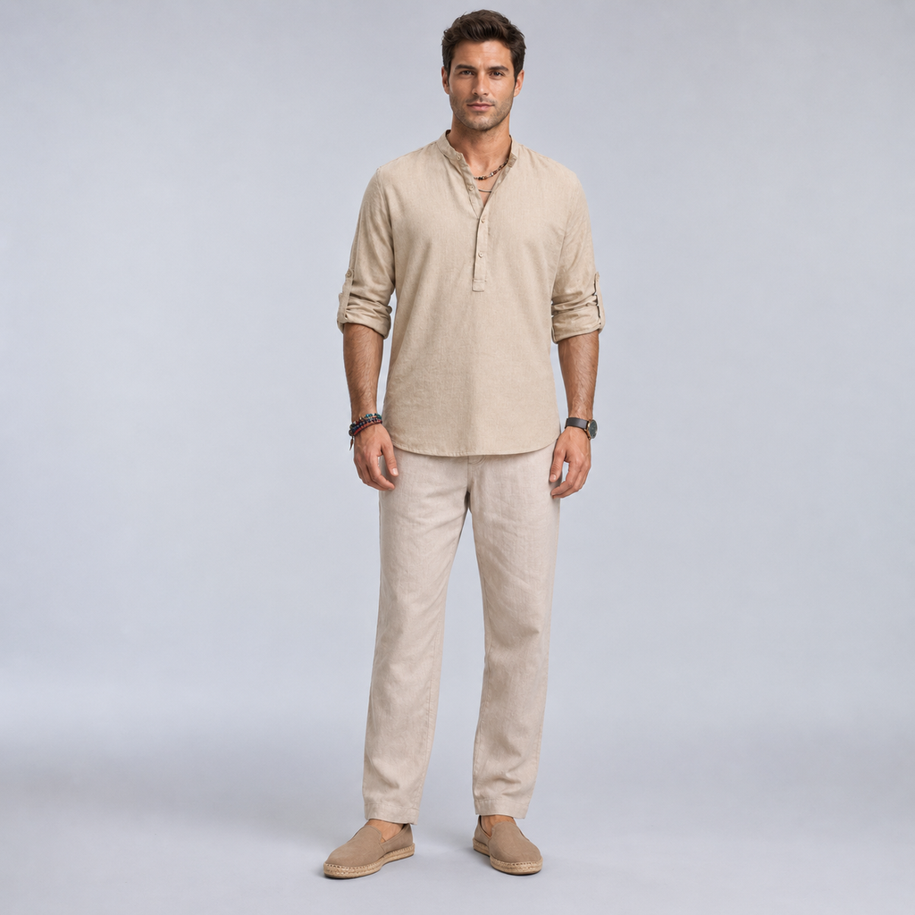 Men's Cotton Henley Stand Collar Long Sleeve Shirt