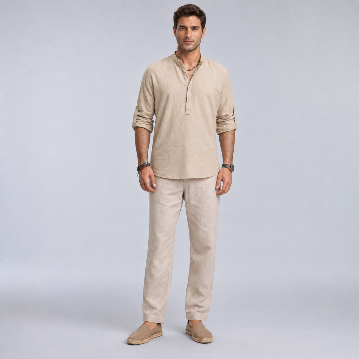 Men's Cotton Henley Stand Collar Long Sleeve Shirt