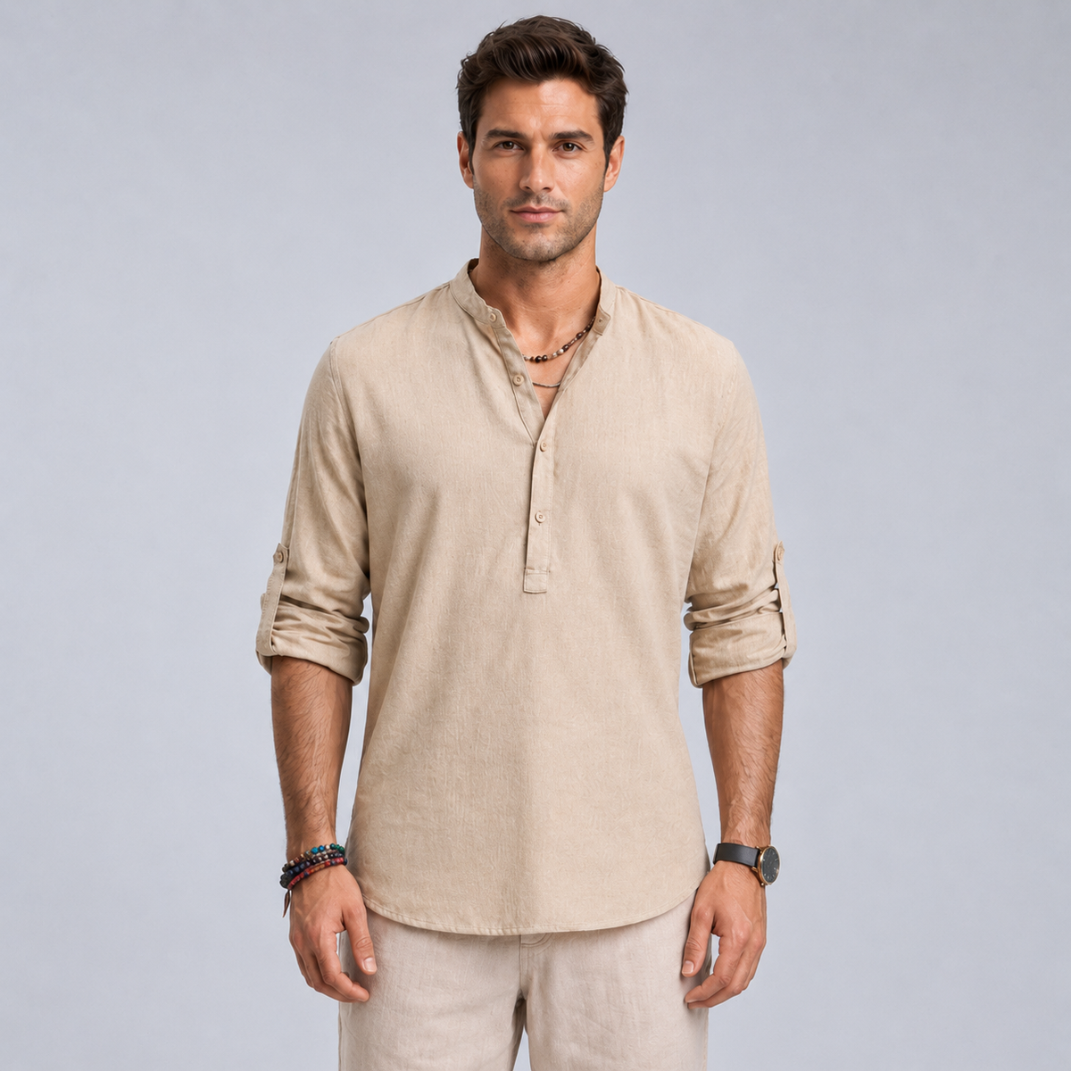 Men's Cotton Henley Stand Collar Long Sleeve Shirt