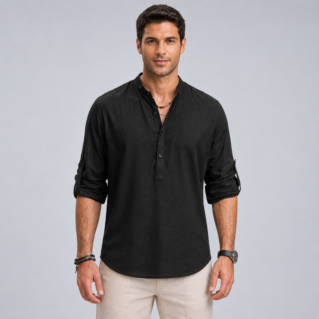 Men's Cotton Henley Stand Collar Long Sleeve Shirt