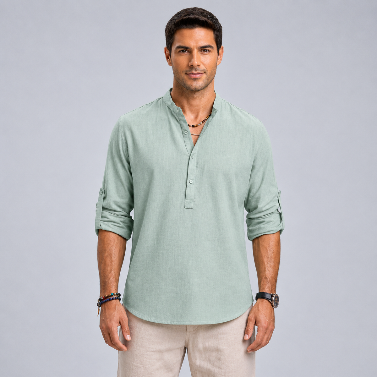 Men's Cotton Henley Stand Collar Long Sleeve Shirt