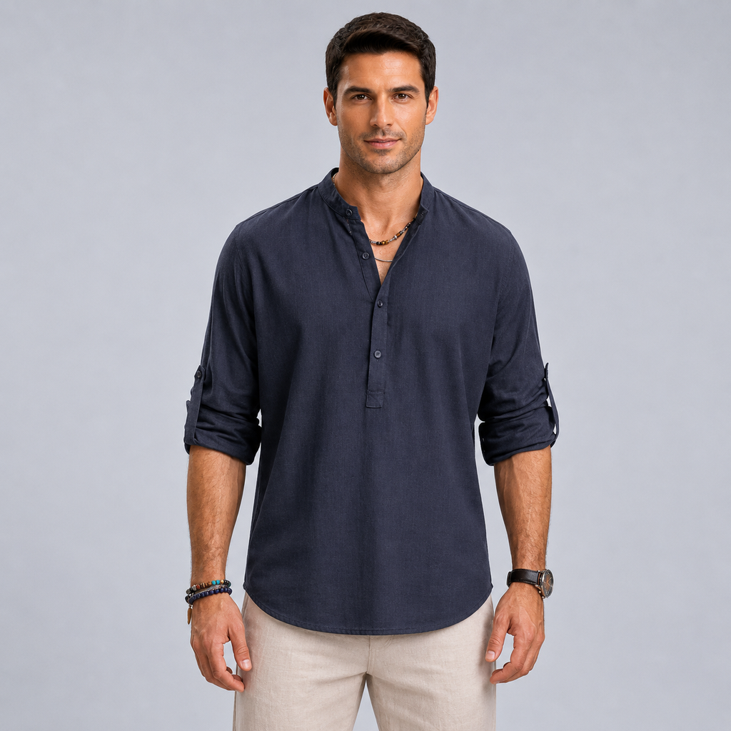 Men's Cotton Henley Stand Collar Long Sleeve Shirt