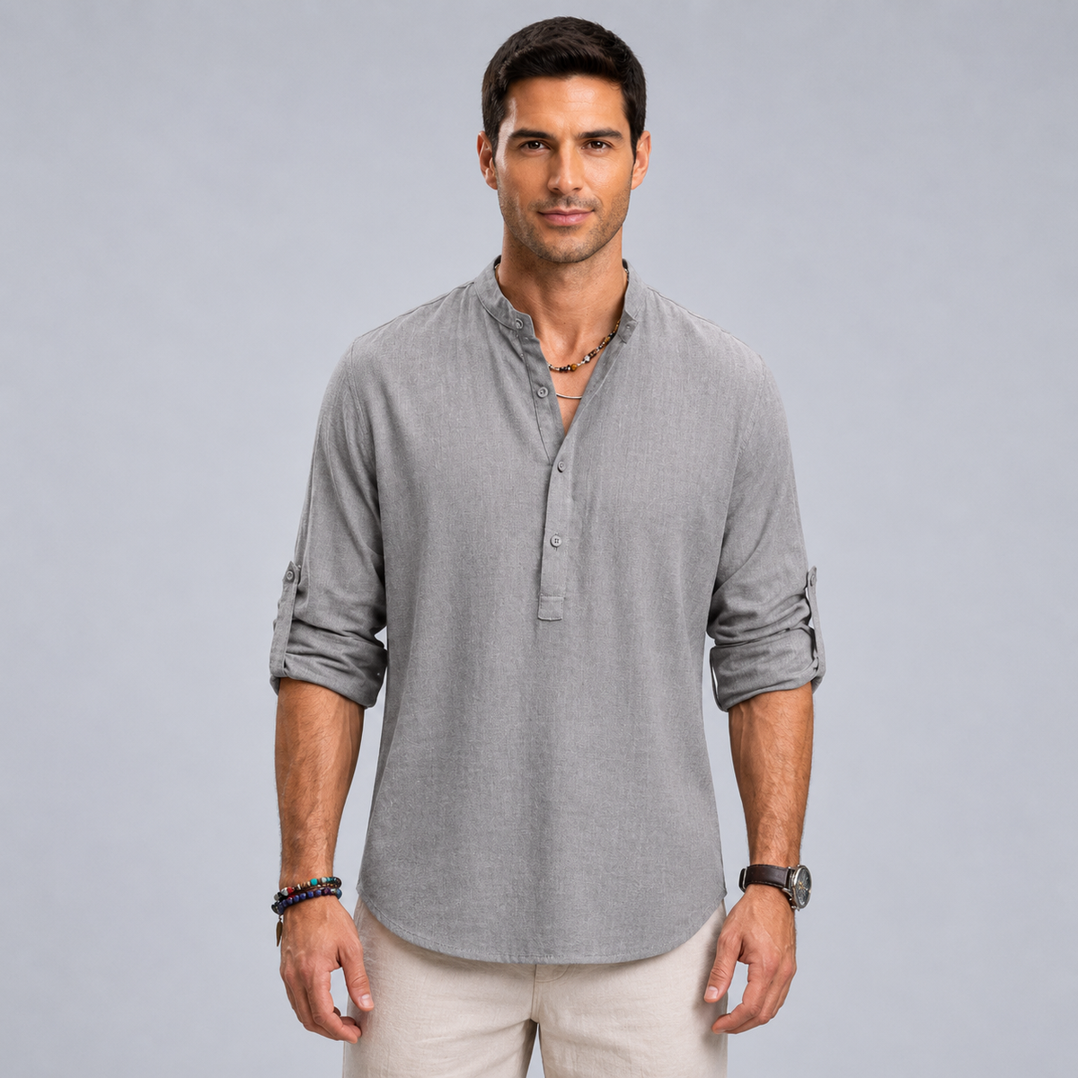 Men's Cotton Henley Stand Collar Long Sleeve Shirt