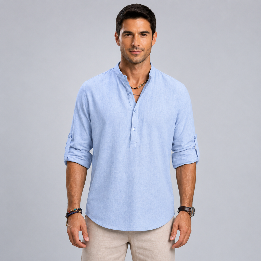 Men's Cotton Henley Stand Collar Long Sleeve Shirt