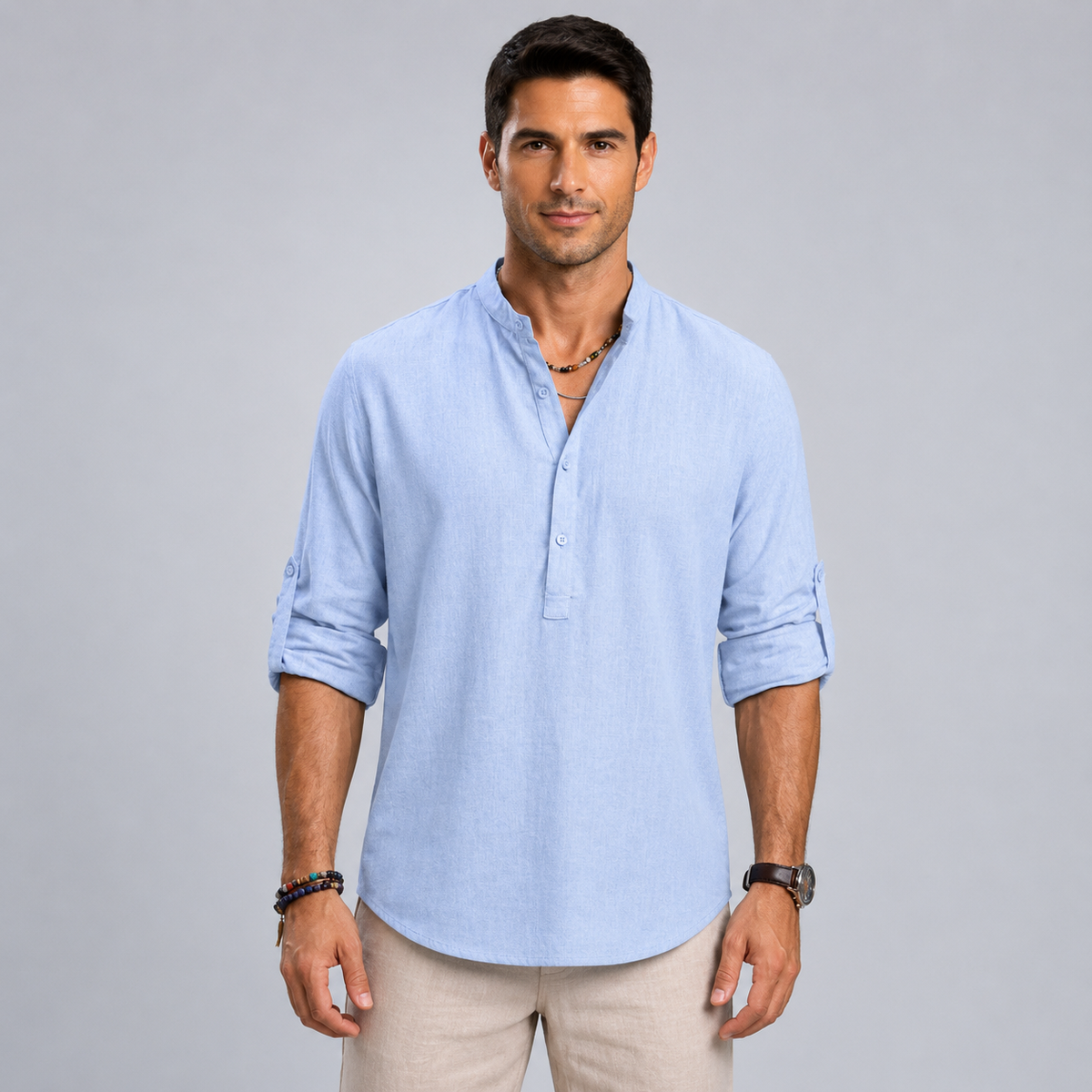 Men's Cotton Henley Stand Collar Long Sleeve Shirt