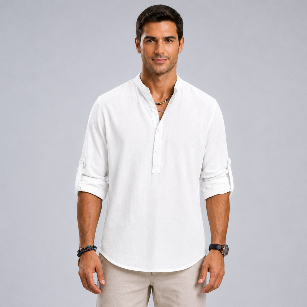 Men's Cotton Henley Stand Collar Long Sleeve Shirt