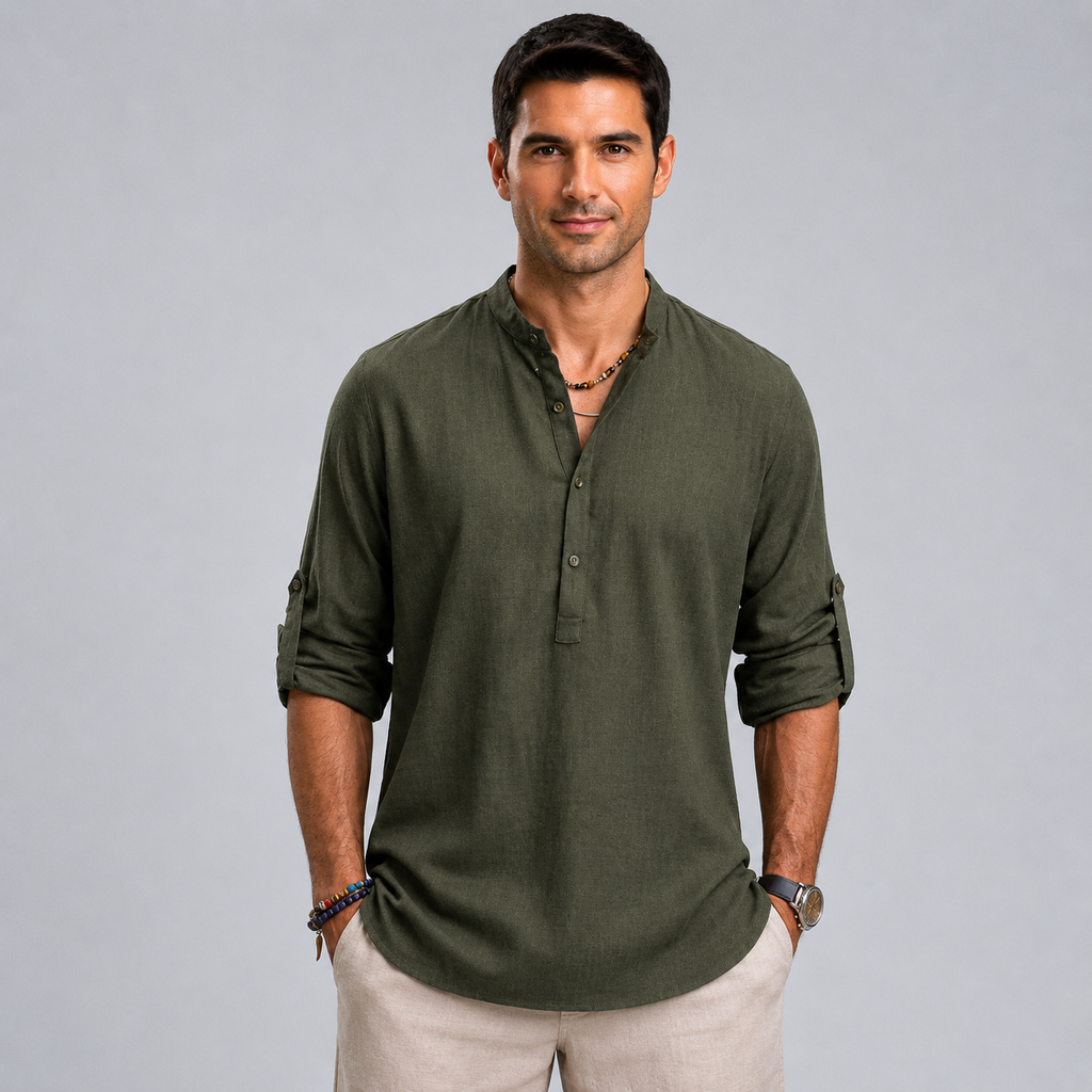 Men's Cotton Henley Stand Collar Long Sleeve Shirt
