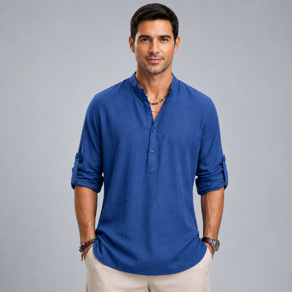 Men's Cotton Henley Stand Collar Long Sleeve Shirt