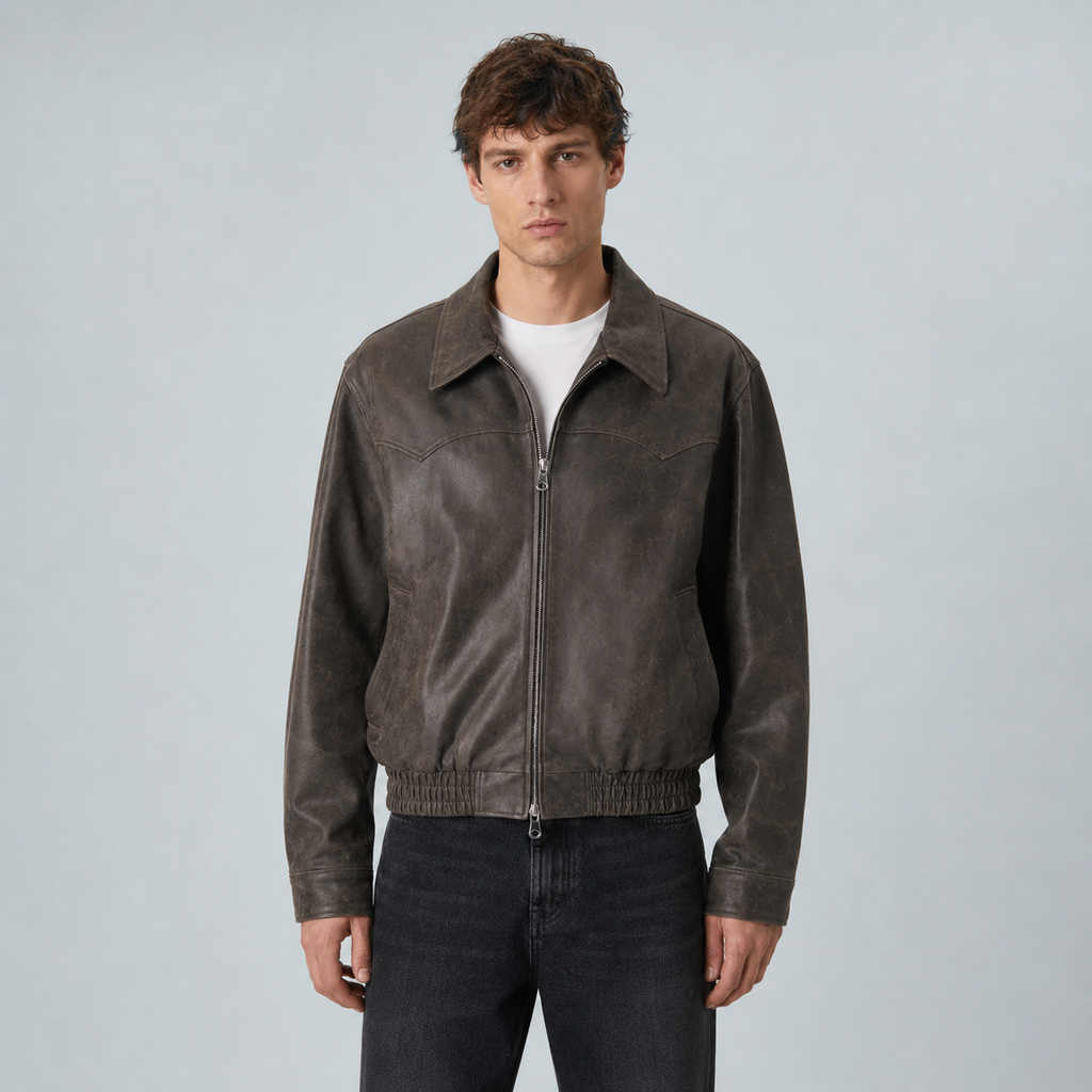 Men's Vintage Washed PU Leather Zip Jacket