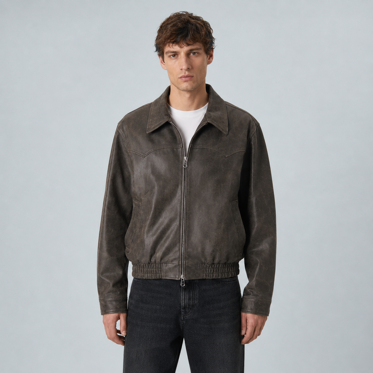 Men's Vintage Washed PU Leather Zip Jacket