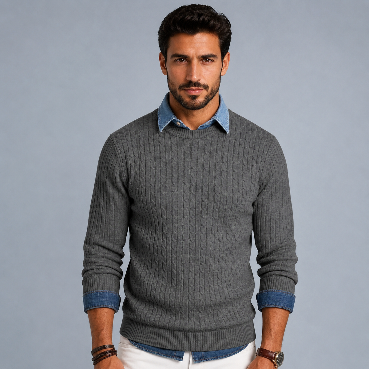 Men's Cable Knit Crew Neck Pullover Jumper