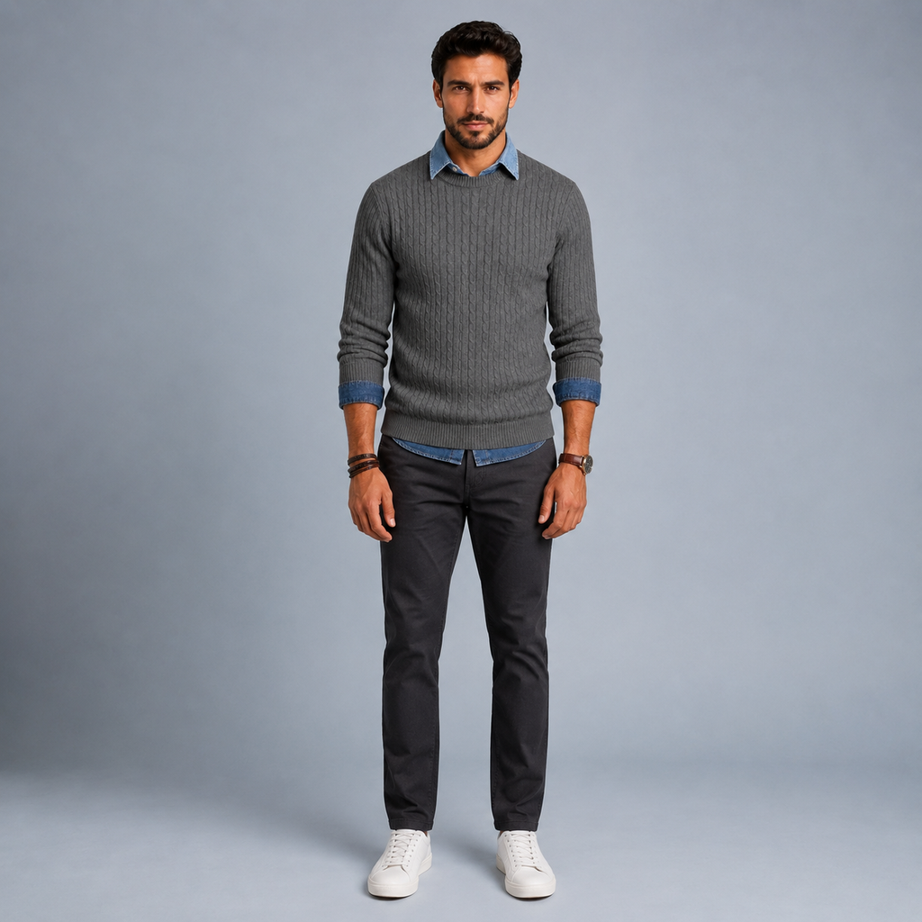 Men's Cable Knit Crew Neck Pullover Jumper