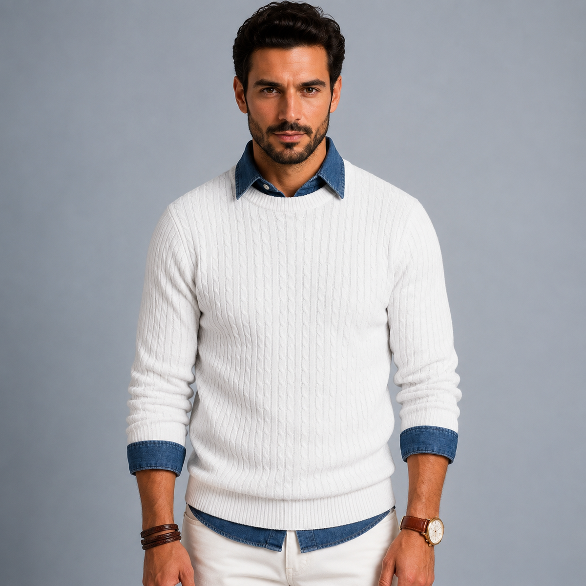 Men's Cable Knit Crew Neck Pullover Jumper