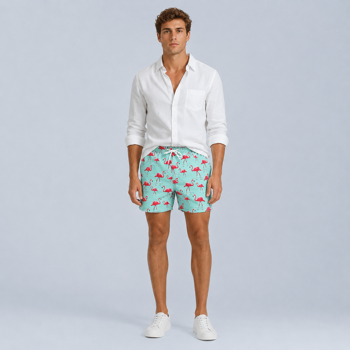 Men's Green Flamingo Quick-Dry Swim Shorts