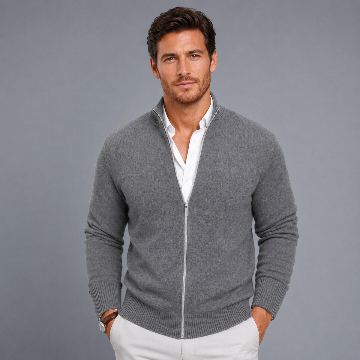 Men's Slim Fit Zip-Up Stand Collar Cardigan