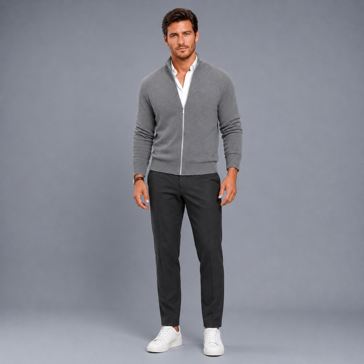 Men's Slim Fit Zip-Up Stand Collar Cardigan