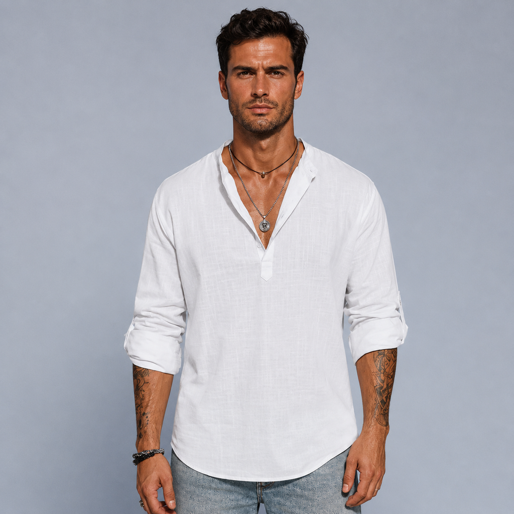 Men's Cotton Linen Half-Button Stand Collar Shirt