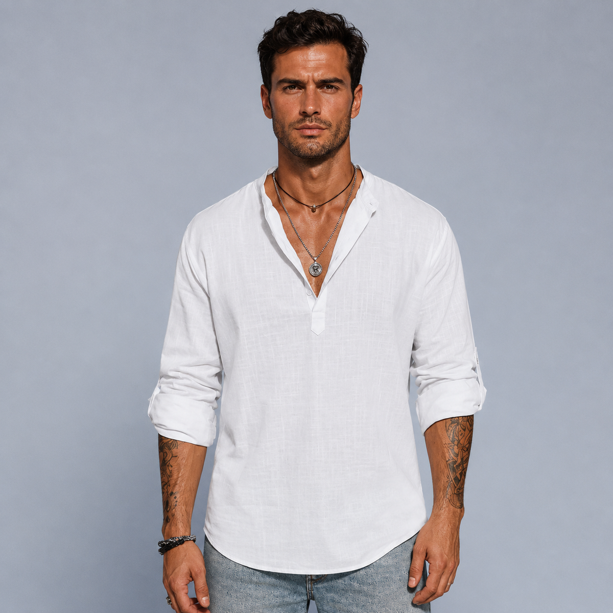Men's Cotton Linen Half-Button Stand Collar Shirt