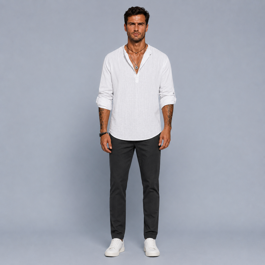 Men's Cotton Linen Half-Button Stand Collar Shirt