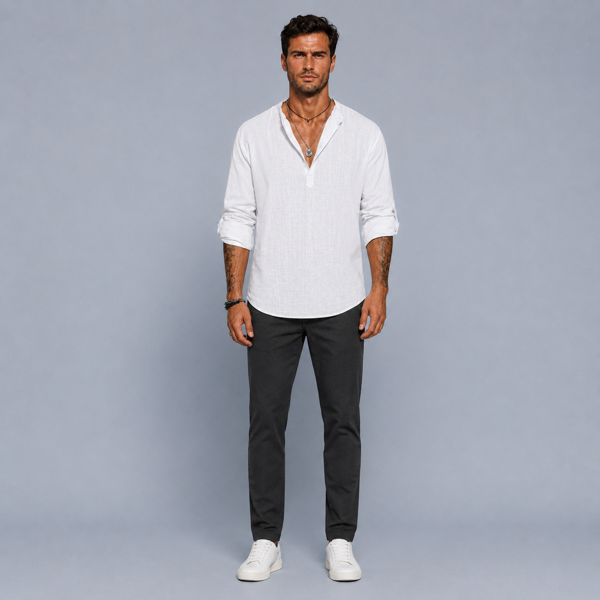 Men's Cotton Linen Half-Button Stand Collar Shirt