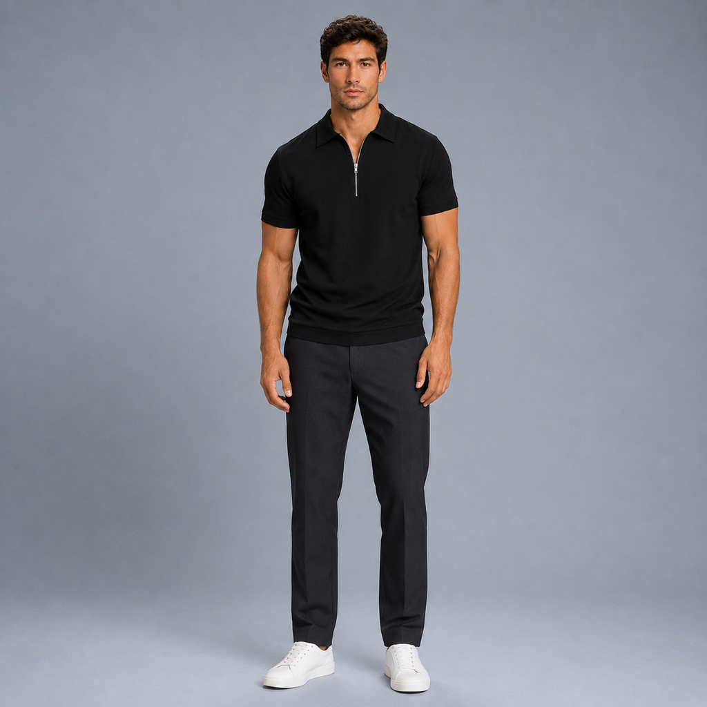 Men's Zip Placket Turn-Down Collar Polo Shirt