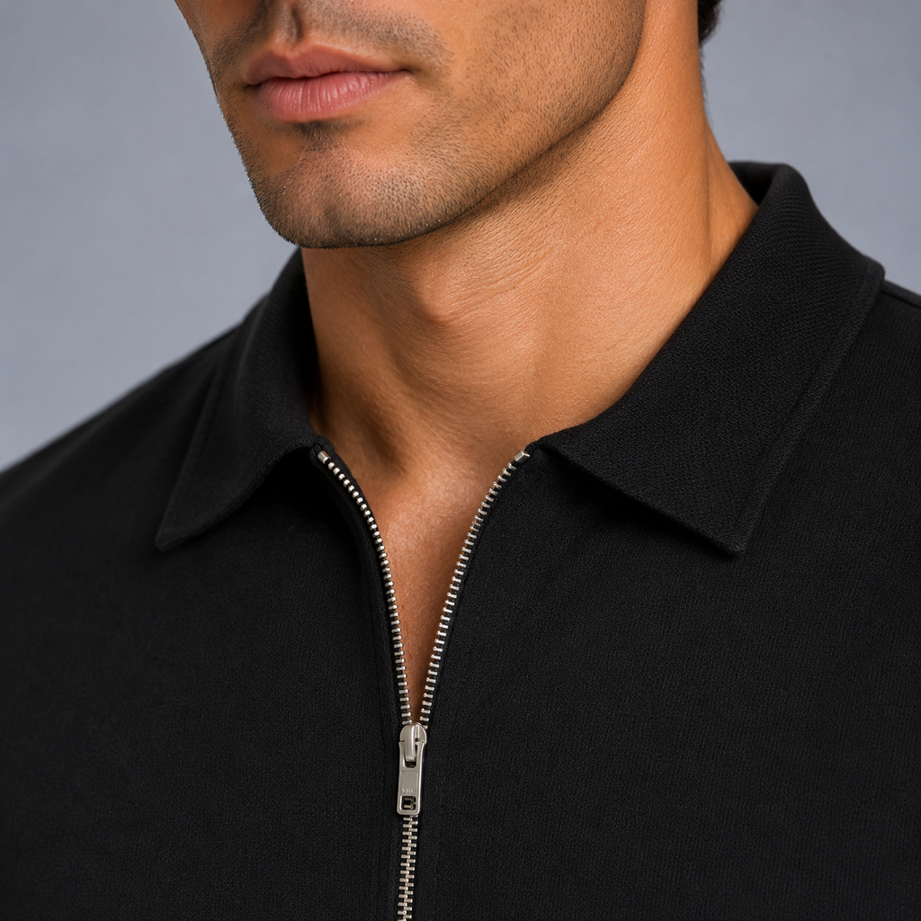 Men's Zip Placket Turn-Down Collar Polo Shirt