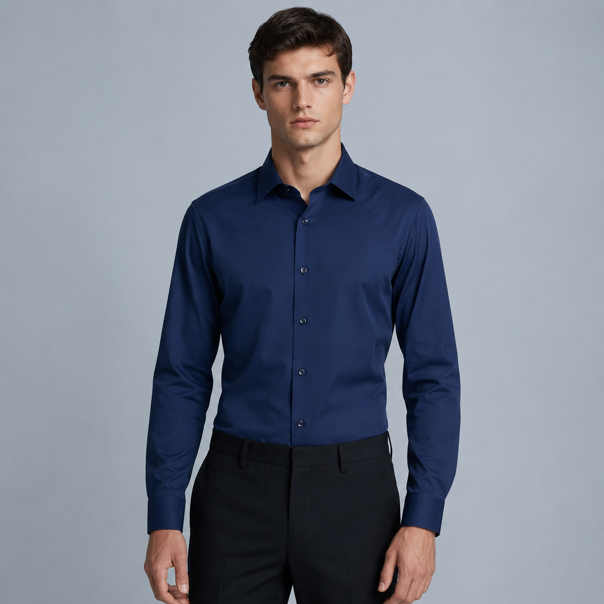 Men's Slim Fit Long Sleeve Navy Blue Shirt