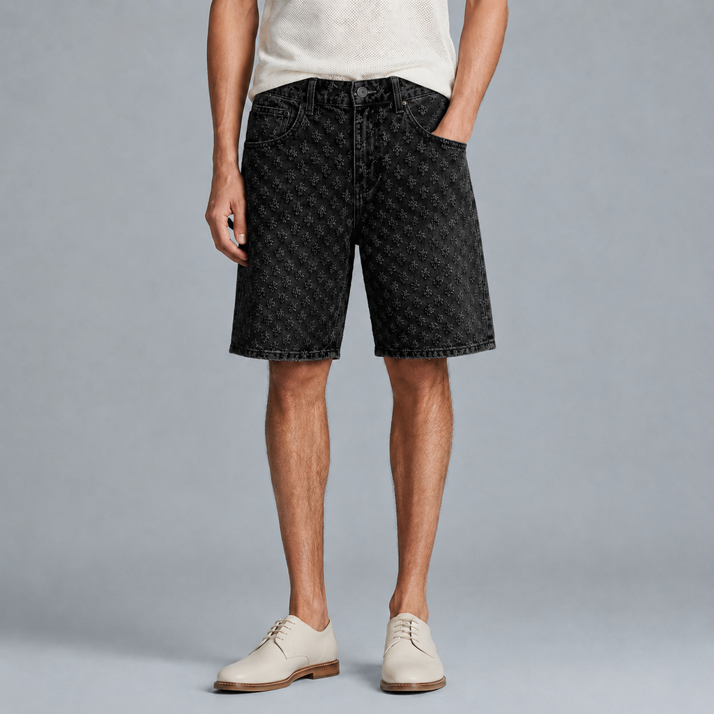 Men's Loose Fit Retro Jacquard Denim Shorts