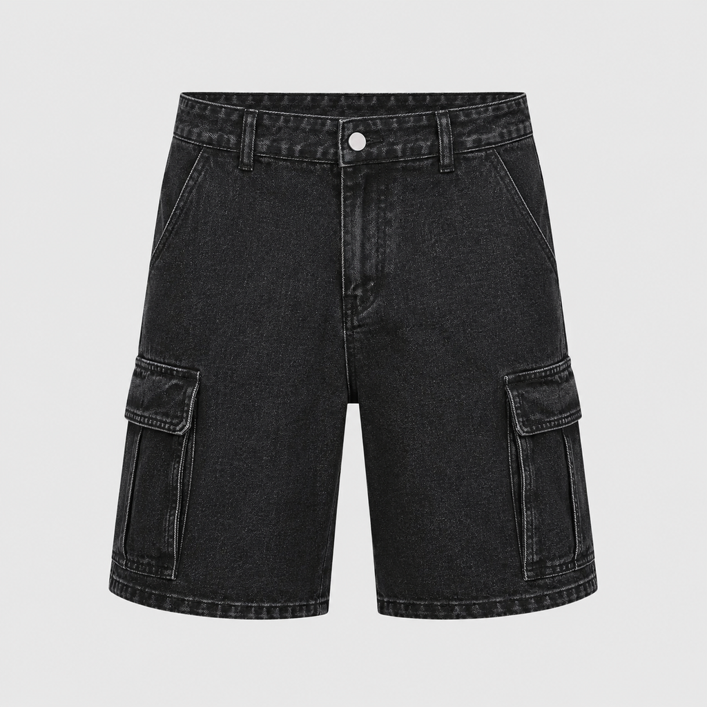 Men's black denim cargo shorts
