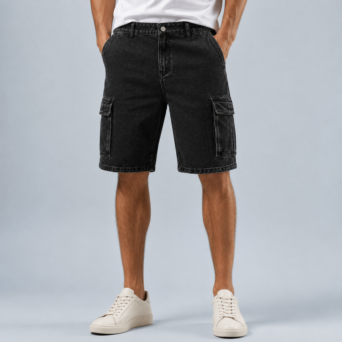 Men's black denim cargo shorts