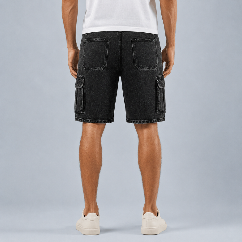 Men's black denim cargo shorts