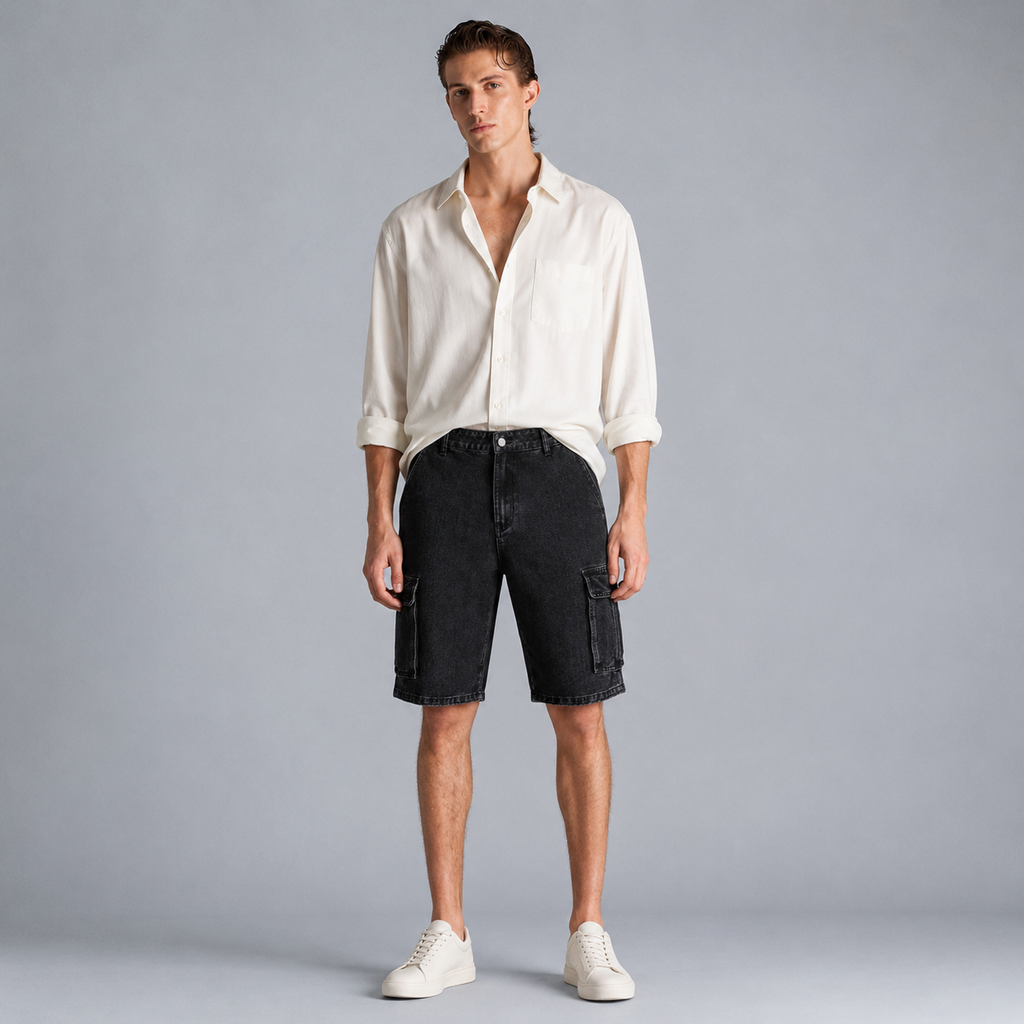 Men's black denim cargo shorts