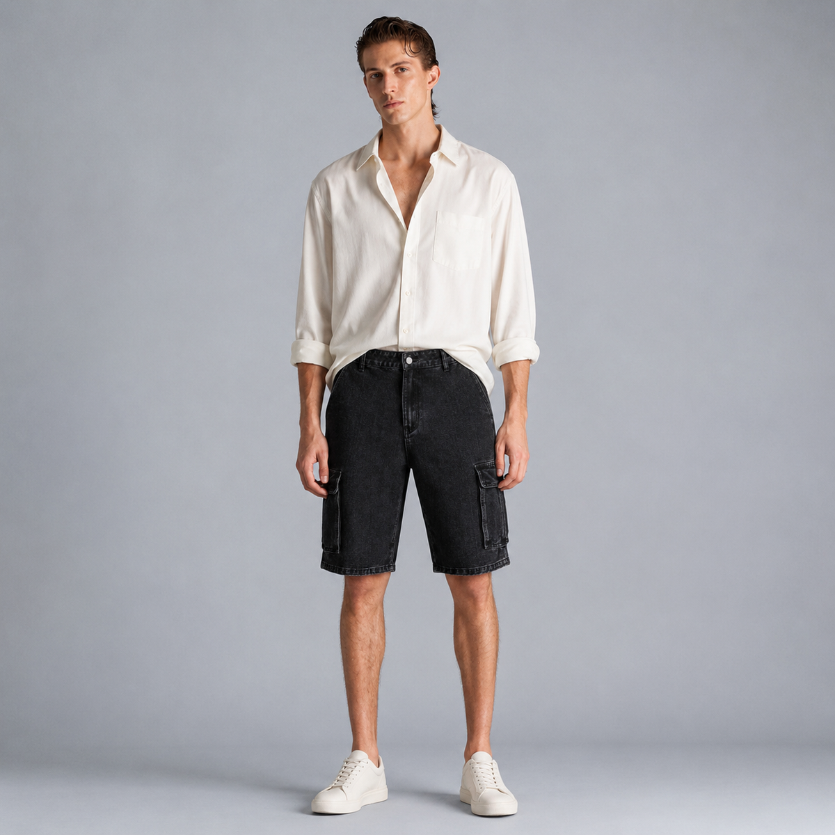 Men's black denim cargo shorts