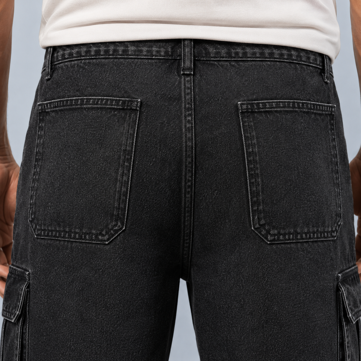 Men's black denim cargo shorts
