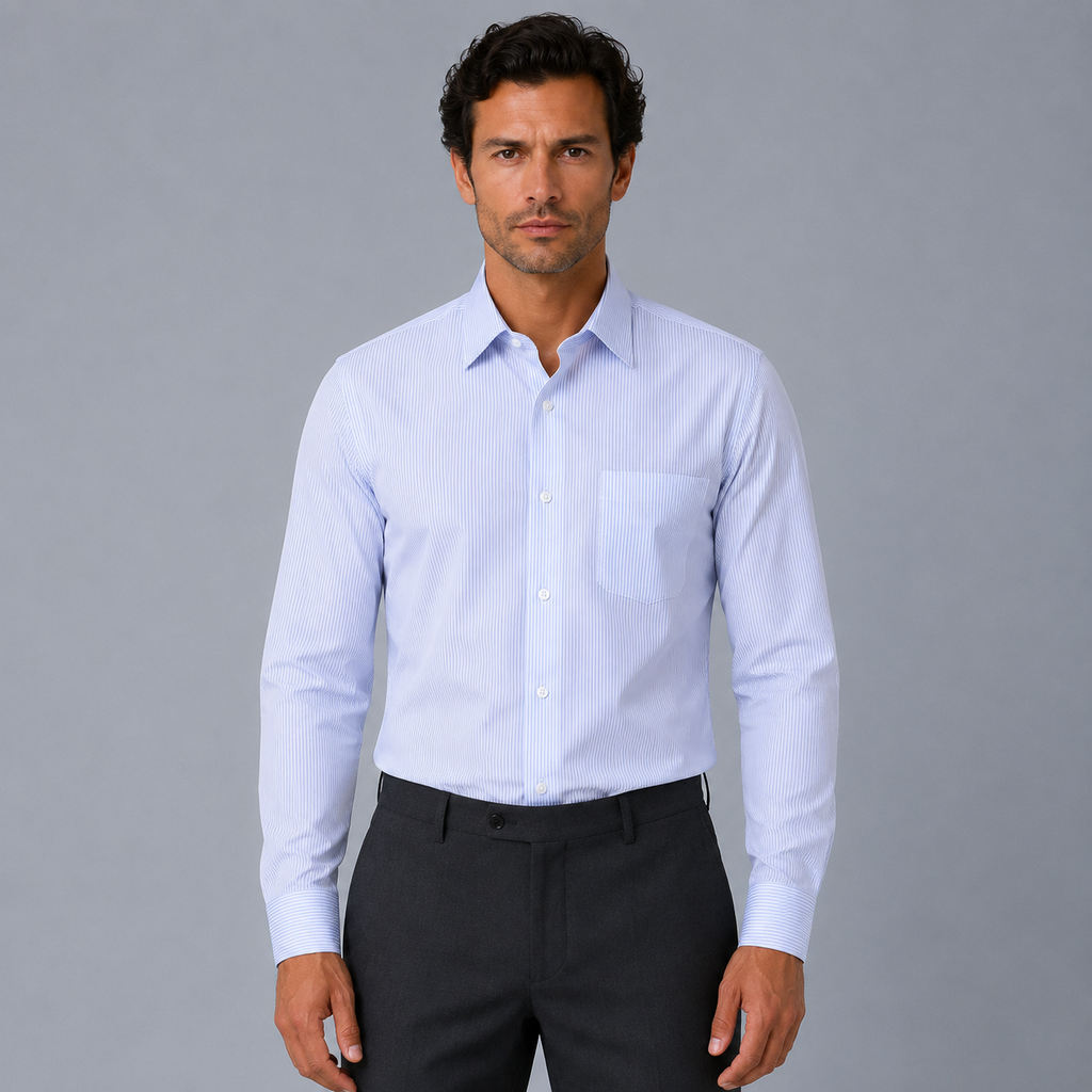 Men's 100% Cotton Blue Striped Regular Fit Dress Shirt