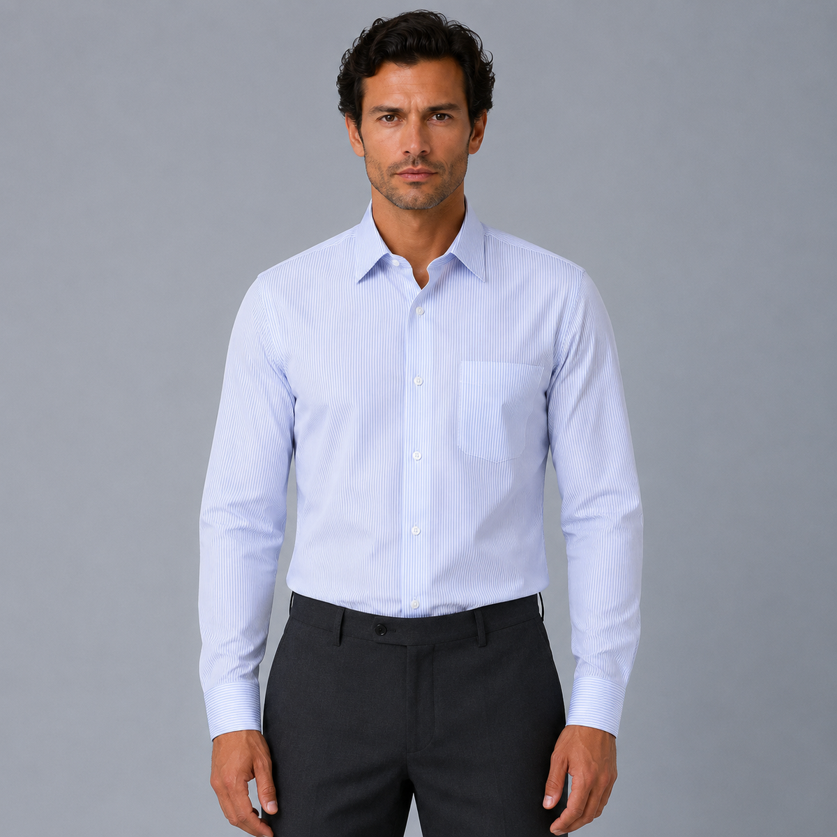 Men's 100% Cotton Blue Striped Regular Fit Dress Shirt