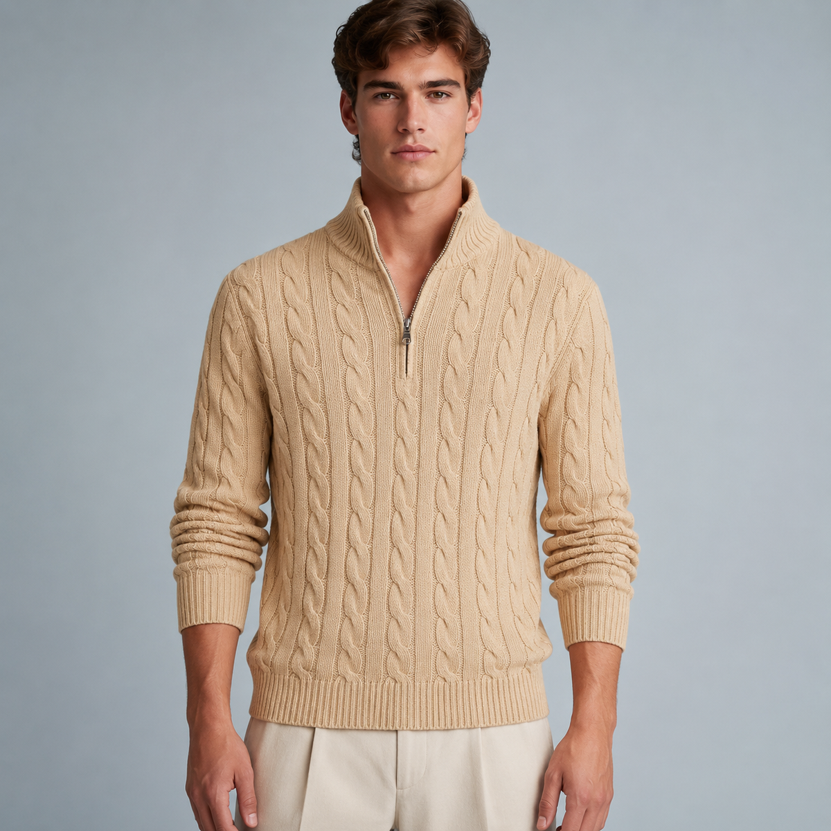Men's Cotton Cable Knit Zip Turtleneck Jumper