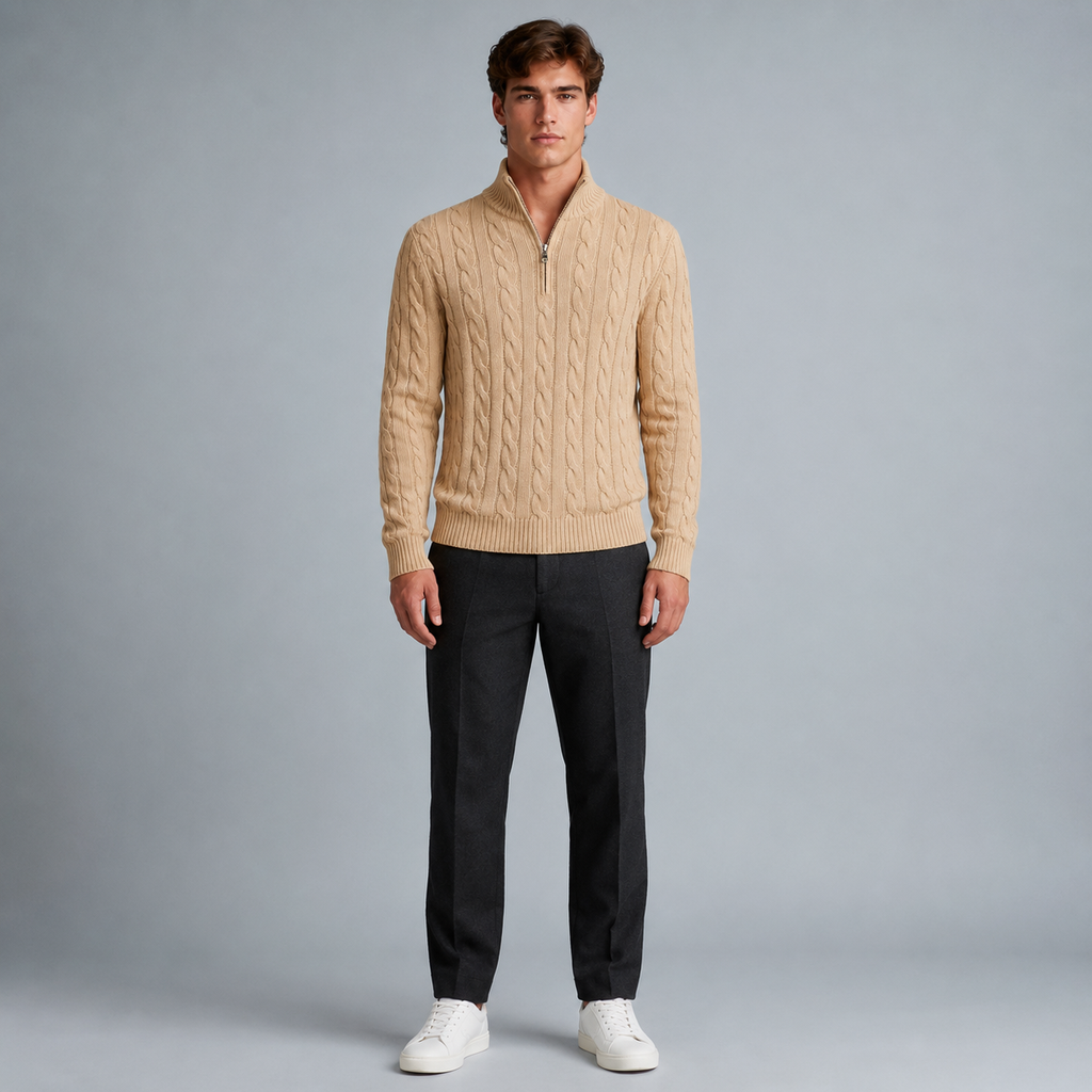 Men's Cotton Cable Knit Zip Turtleneck Jumper